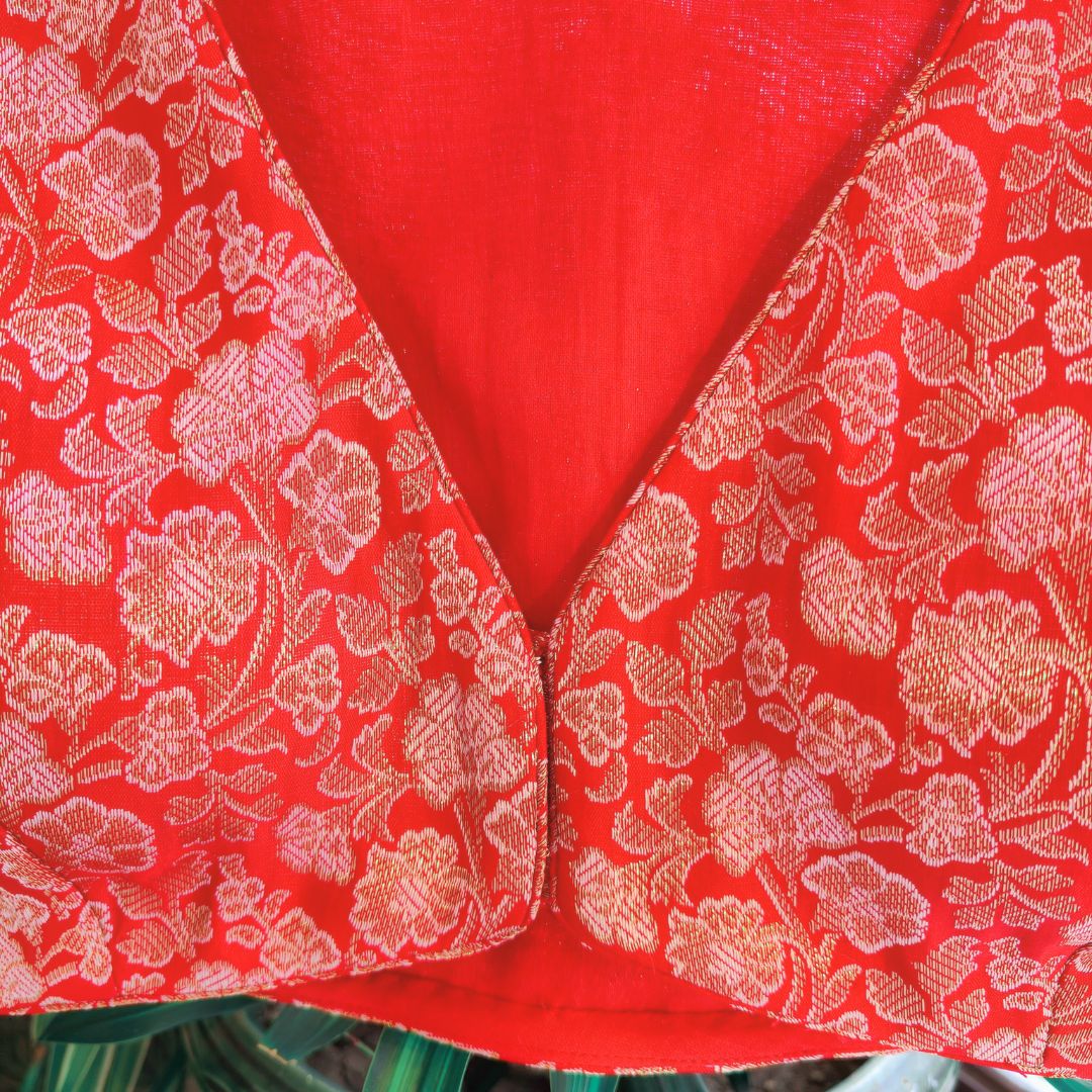 Designer Brocade Red Blouse in Deep V Neck