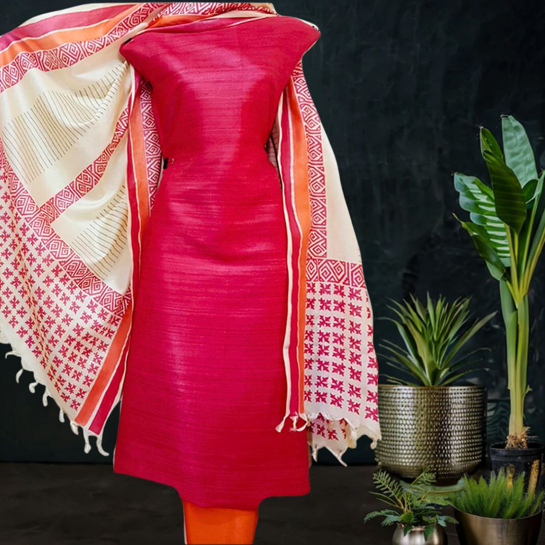 Tussar Silk Suit in Pinkish Red with Off white Dupatta