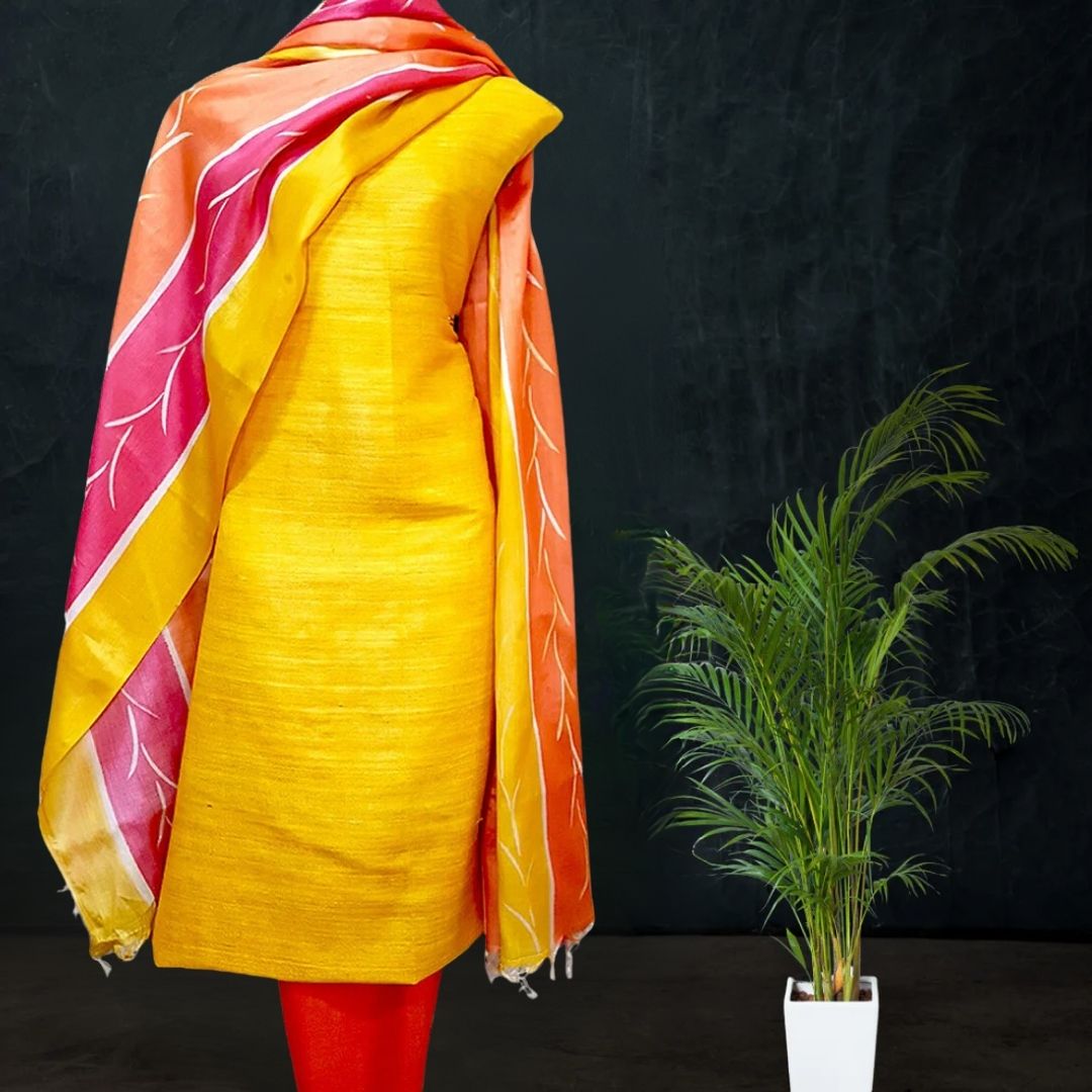 Yellow Hand Block Printed Tussar Silk Dress Material 