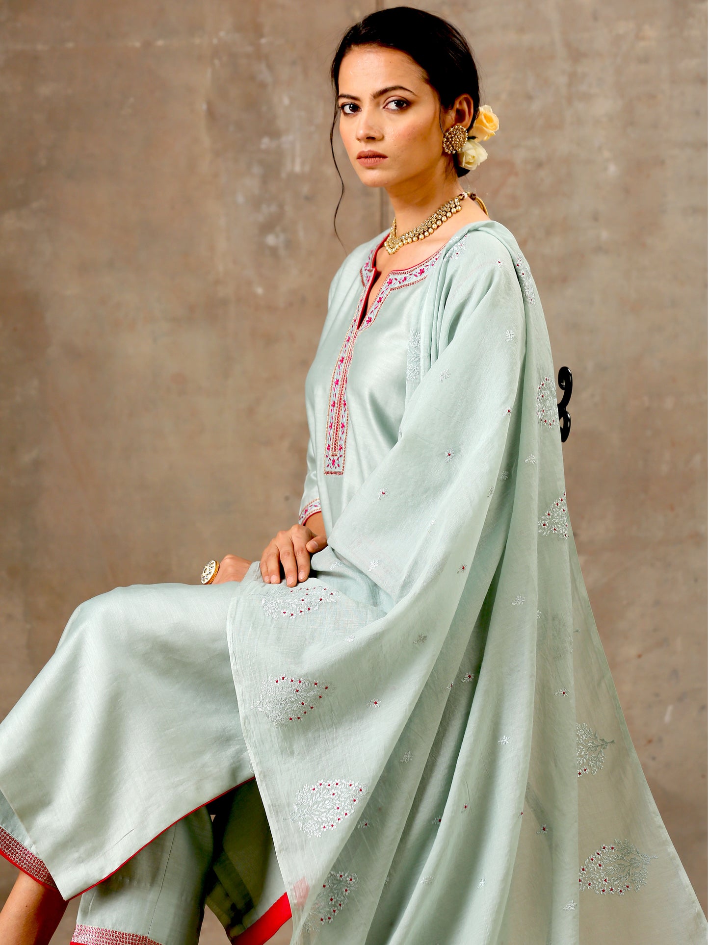 Malhaar Chanderi Silk  Ensemble (Set of 3)- Sage Green