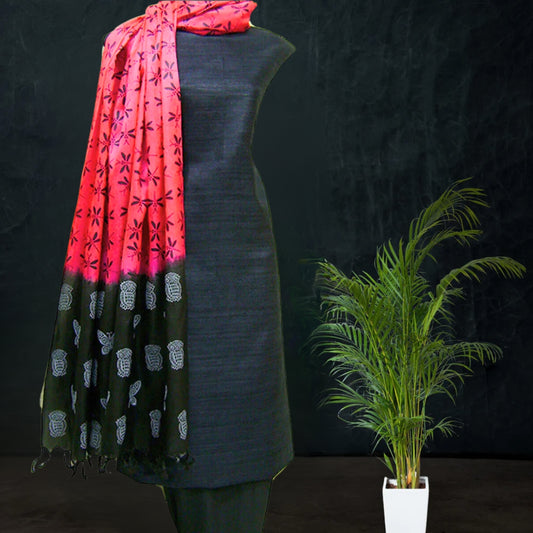 Block Printed Tussar Silk Suit Set in Black Pink Color