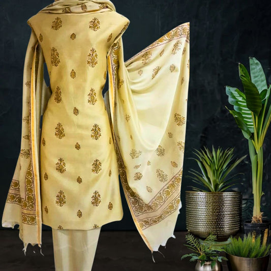 Block Printed Chanderi Silk Set_Beige Cream