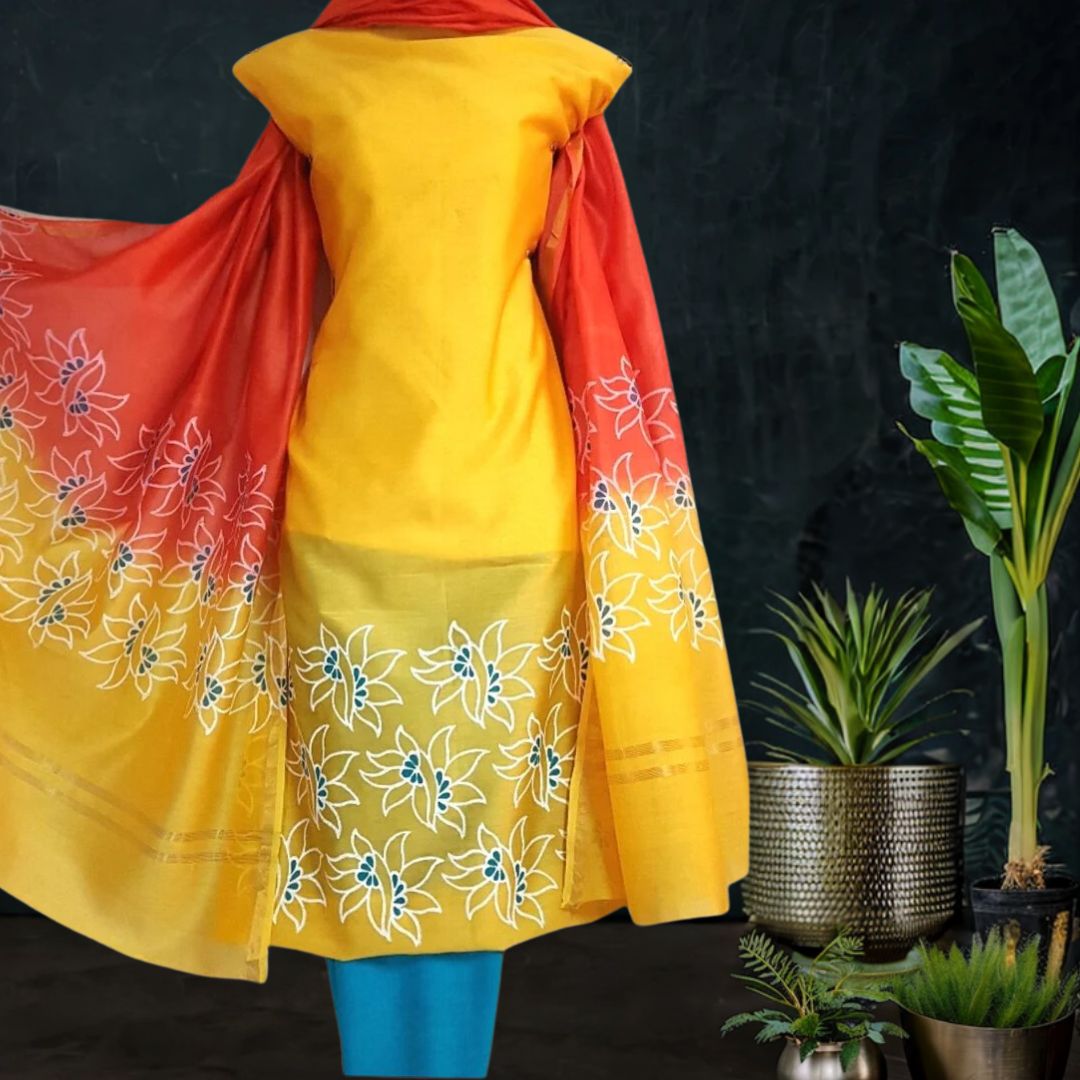 block printed Chanderi Silk Set in Yellow and Red 