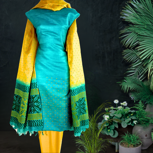 Printed Yellow Green Tussar Silk Unstitched Set 