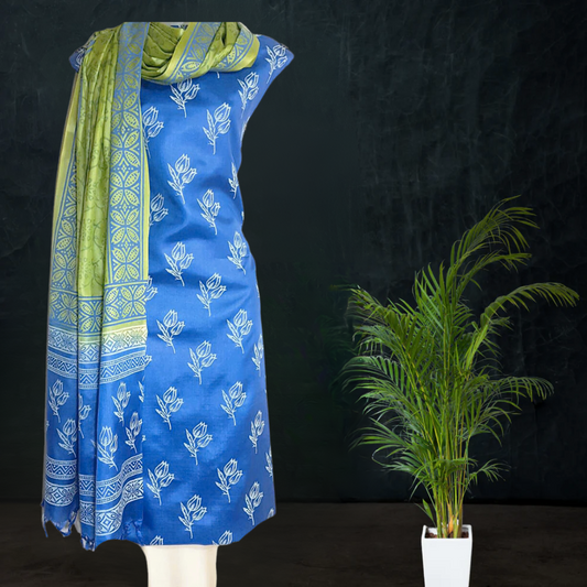 Block Printed Tussar Silk Suit in Blue and Green