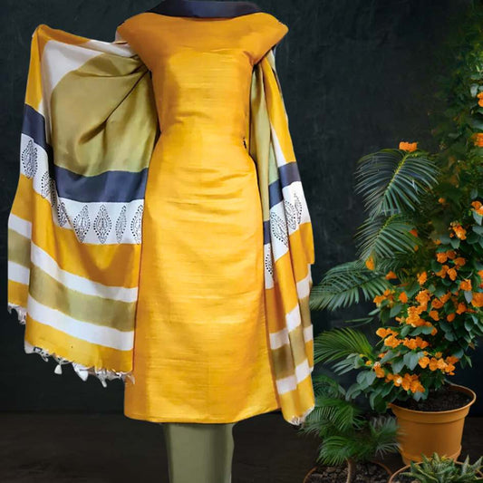 Beautiful Tussar Silk Salwar Suit in Yellow and Pastel Green