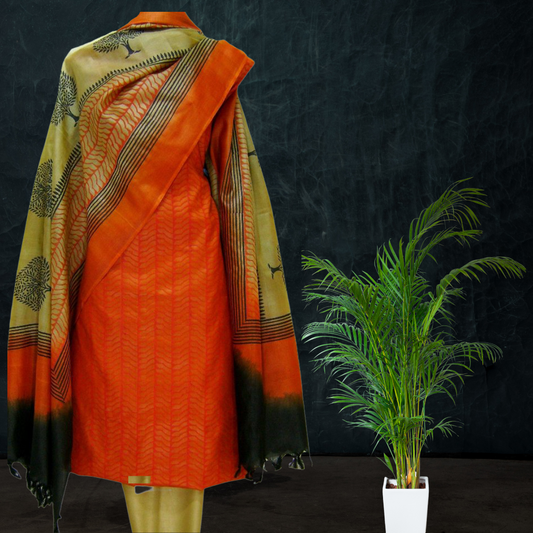 Block Printed Tussar Silk Suit Brown