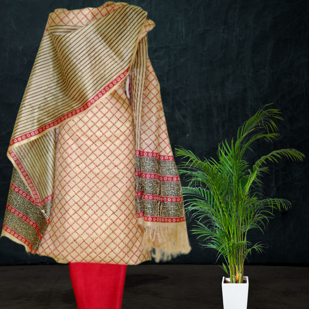 Block Printed Tussar Silk Suit Red