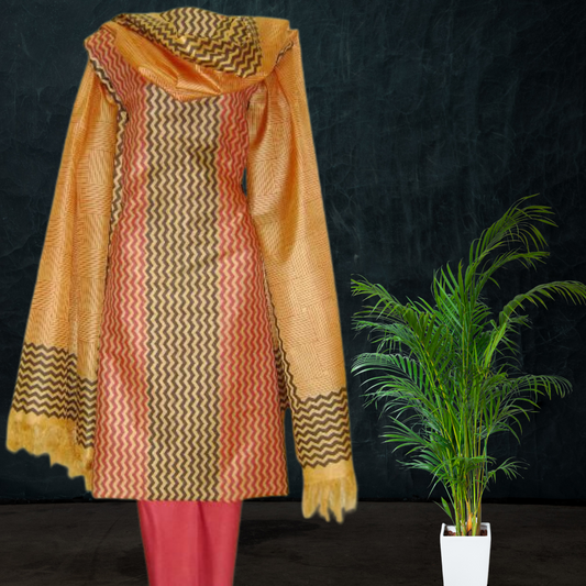 Block Printed Tussar Silk Suit Brown