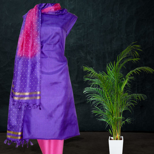 Block Printed Tussar Silk Suit - Purple