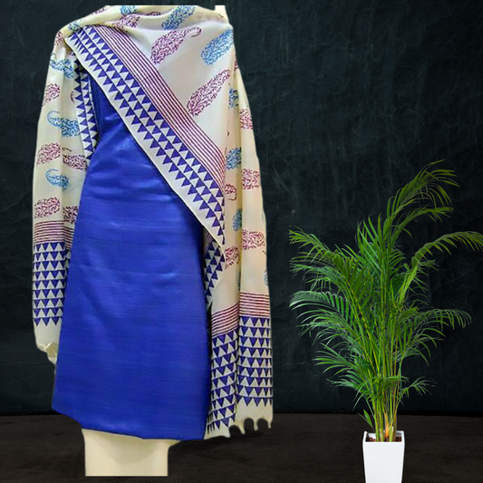 Block Printed Tussar Silk Suit - Blue