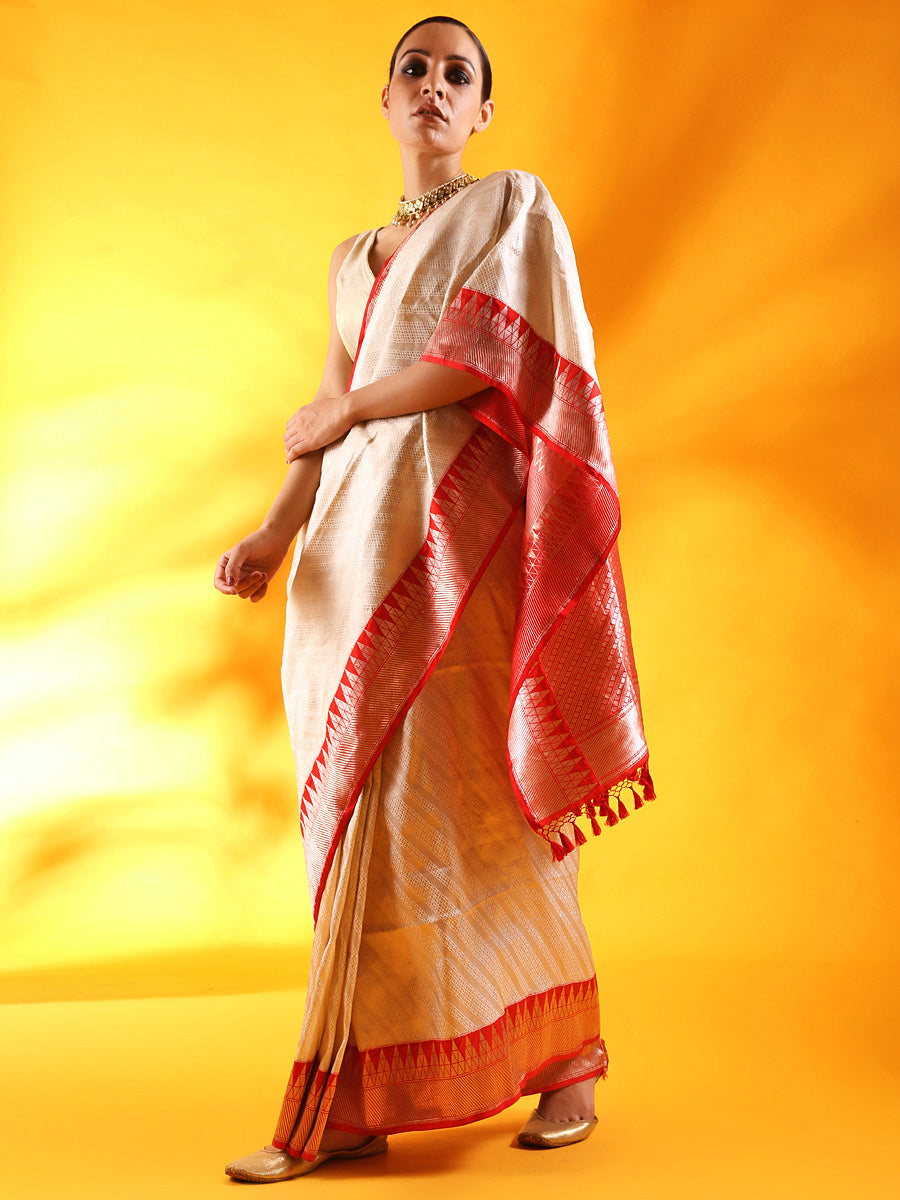 White & Golden Kanjivaram Saree Blouse with Pink Ikkat Border and Pallu |  TST | The Silk Trend