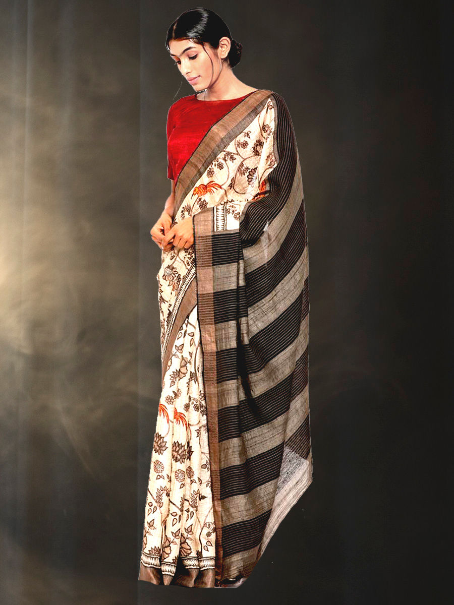 Black Block Printed Pure Silk Mark Certified Tussar Silk Sarees ( FLAT –  Dailybuyys